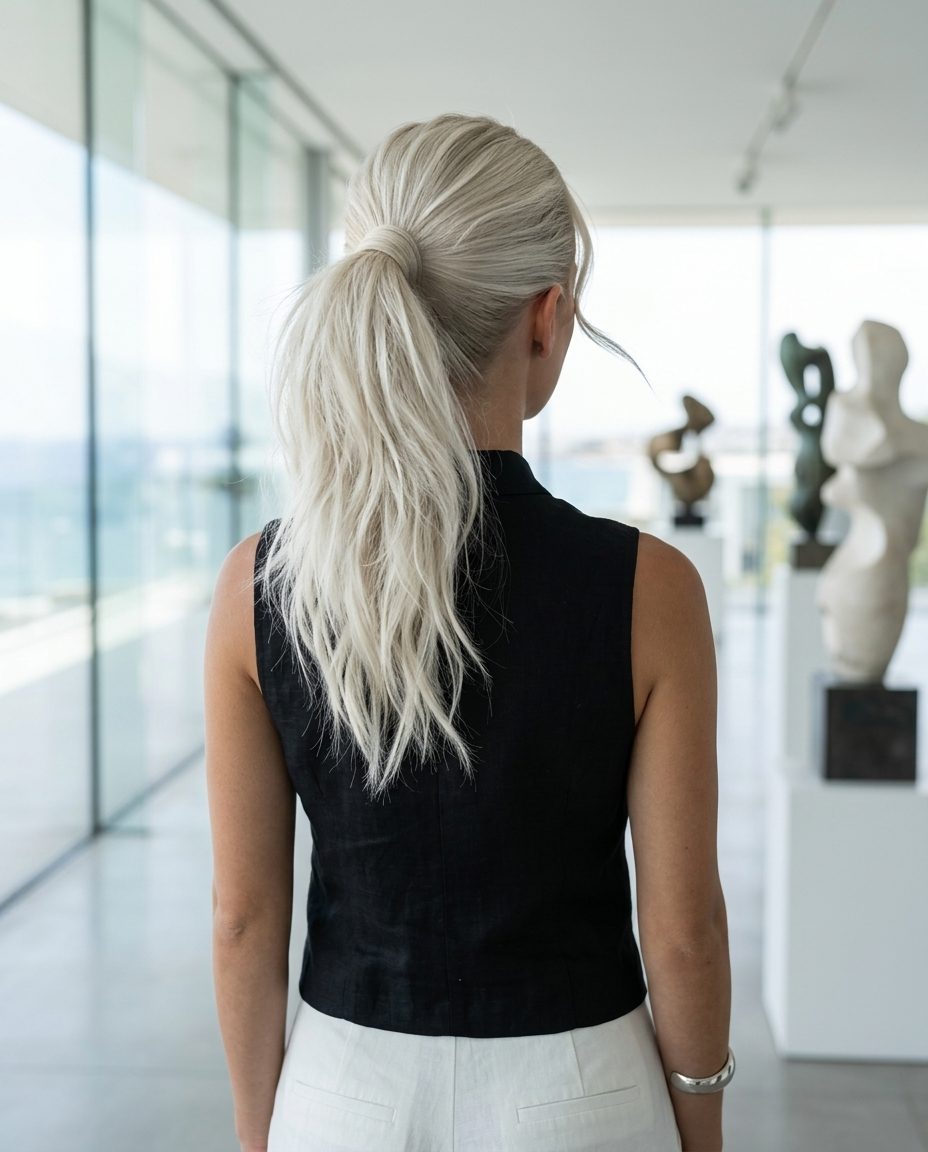 long icy platinum blonde shag with sleek high ponytail for summer
