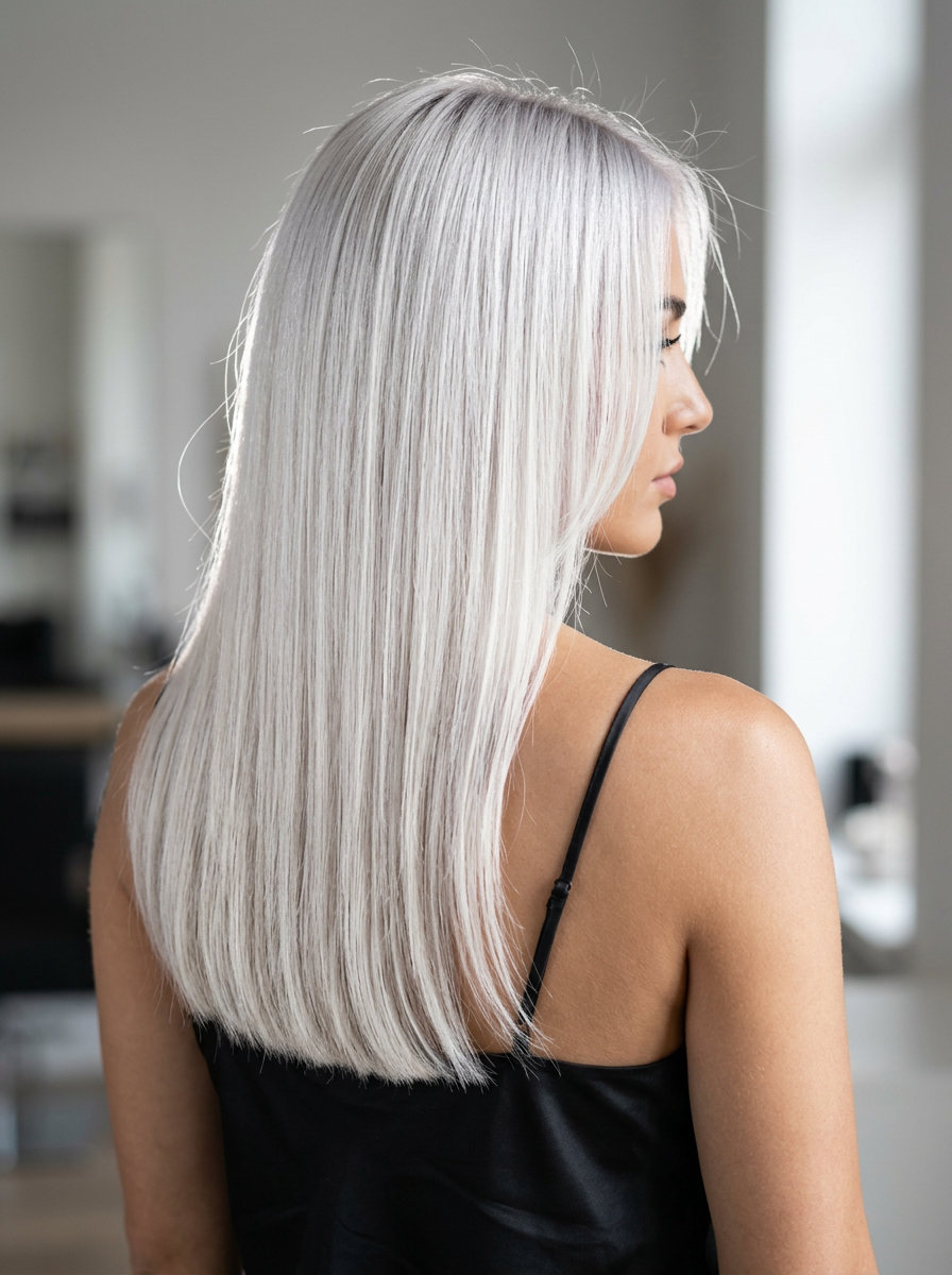 long straight haircut in icy platinum blonde with ash shadow root and Scandi hairline — avant-garde edgy look