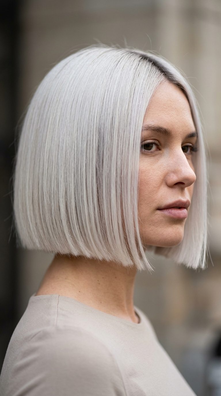 Modern Ice Queen Bob 2026 medium icy platinum blonde bob with ash shadow root, blunt perimeter and center part for summer