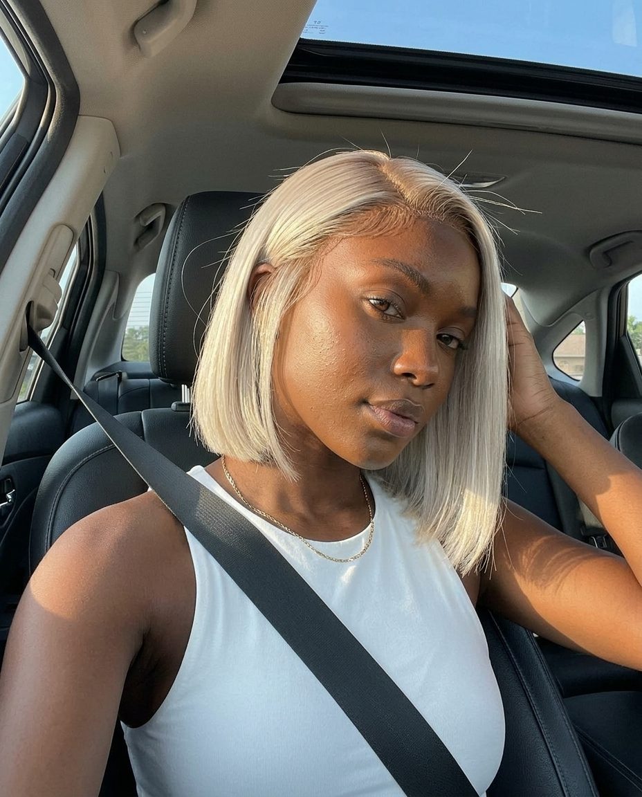 Sporty Chic Clipper Bob 2026 medium icy platinum bob with ash blonde shadow root, clipper fade at nape and blunt perimeter for summer
