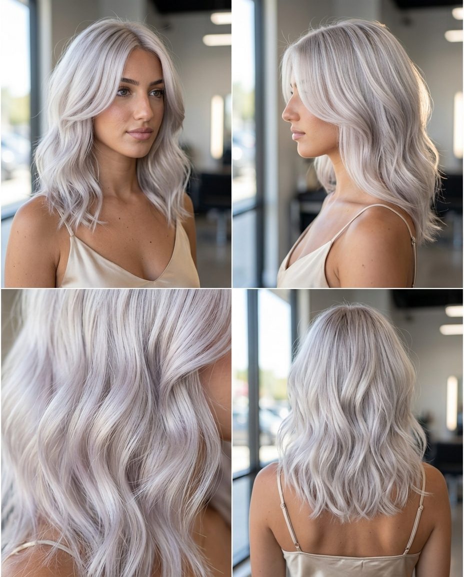 Platinum Blonde Wavy Ghost Layer Cut 2026 medium ghost layer wavy haircut in icy platinum blonde, hidden layers, soft textured perimeter — sophisticated formal event look