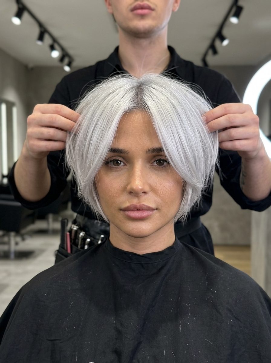Icy Platinum Silver Bixie 2026 short razored bixie haircut with icy platinum silver, clean root, sculpted top section — bold futuristic style