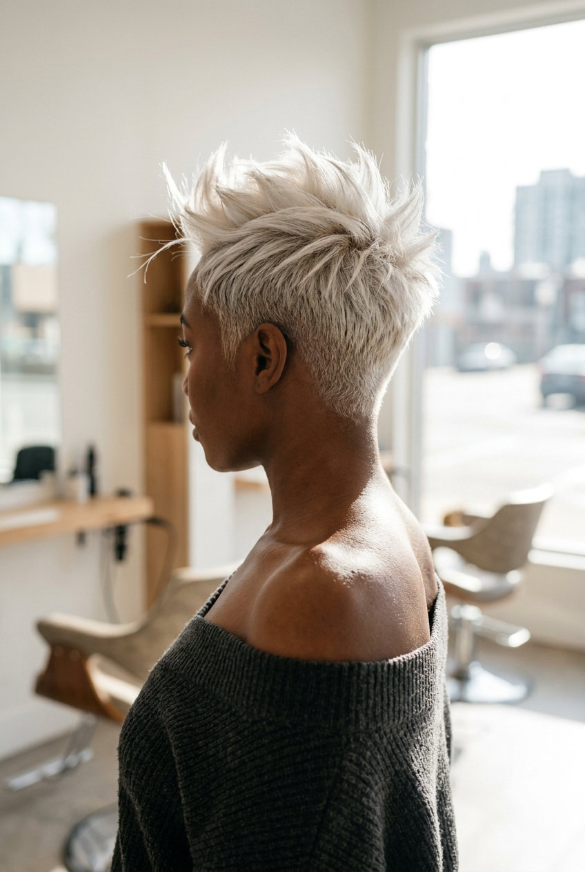 Edgy Platinum Pixie for Round Faces 2026 short pixie haircut in icy platinum blonde with clipper fade and side-swept fringe for summer