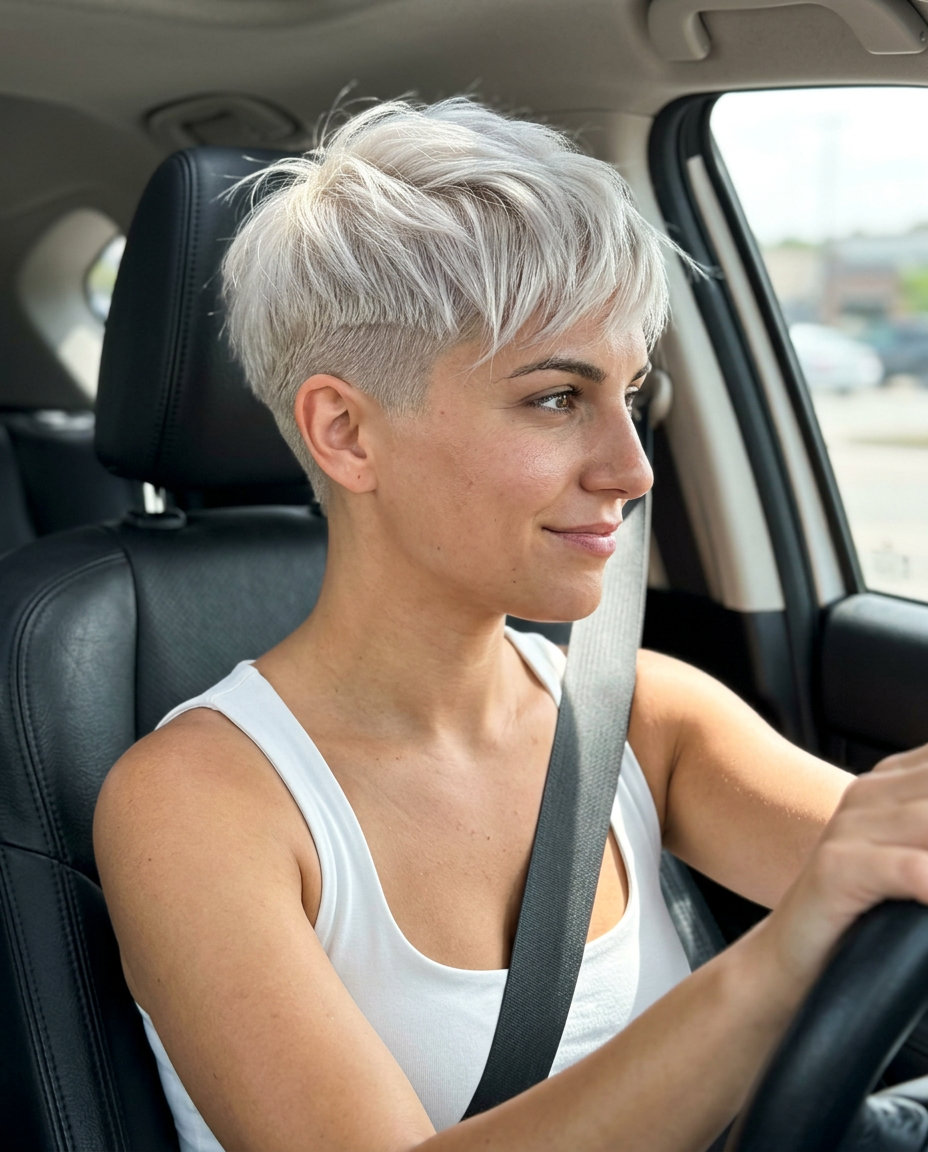 short pixie haircut in icy platinum blonde with faded undercut and textured top — edgy high-fashion style