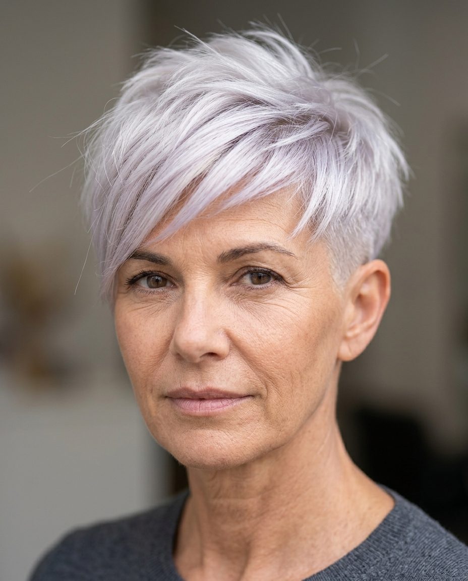 short icy platinum blonde pixie haircut with violet tone and shaved undercut for festivals