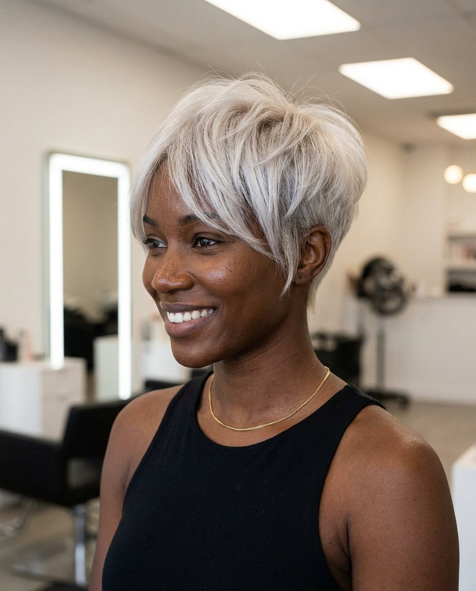 Icy Platinum Pixie 2026 for Round Faces short pixie haircut in icy platinum blonde, textured top — bold elegant glamorous