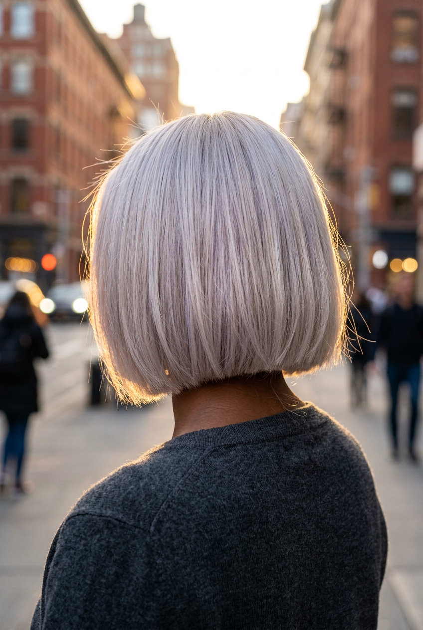 short razored icy platinum blonde hair, foilayage technique, no fringe — edgy summer party style