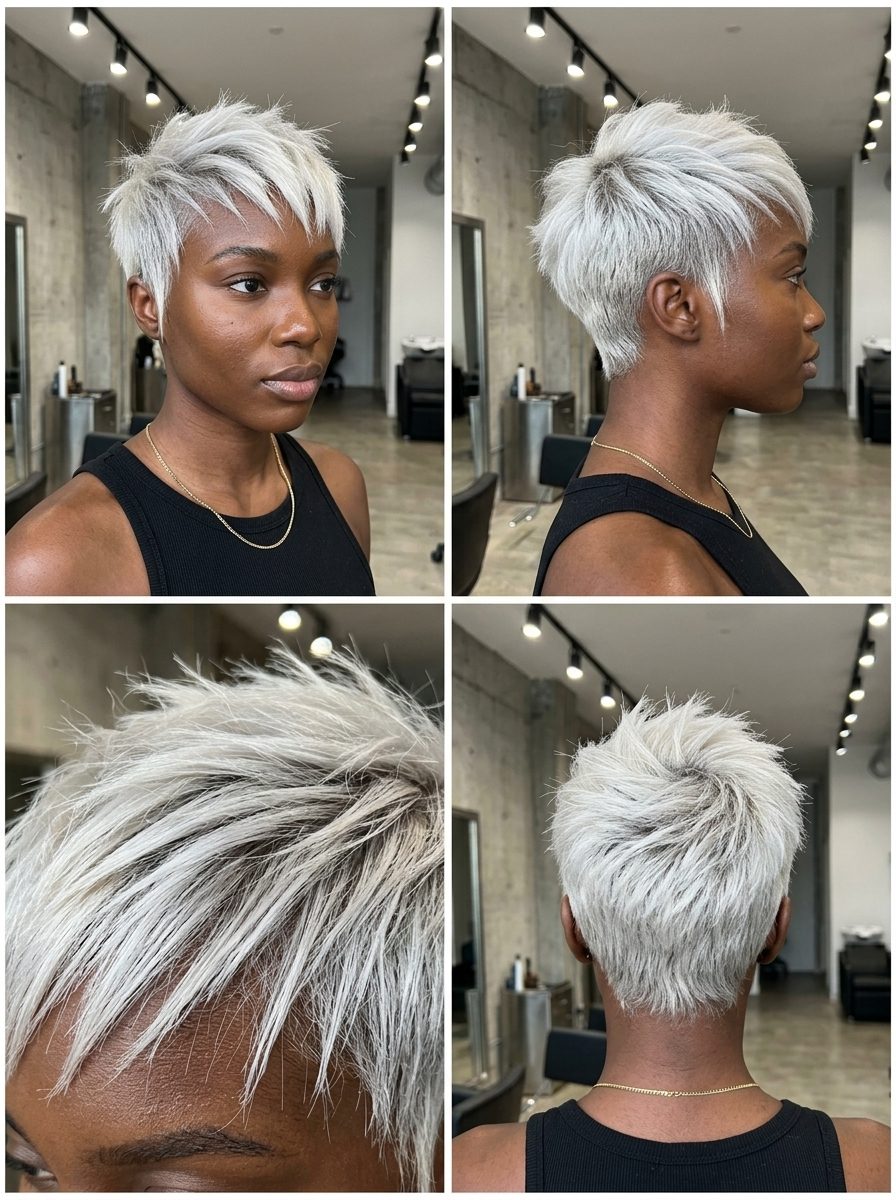 short undercut pixie icy platinum blonde with silver undertones, tapered sides — edgy festival