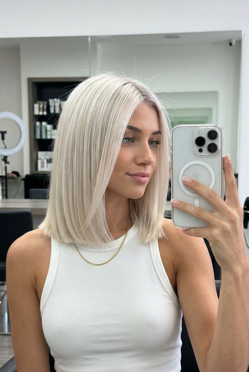 shoulder-length blunt lob haircut in icy platinum blonde with cool root smudge — edgy modern style