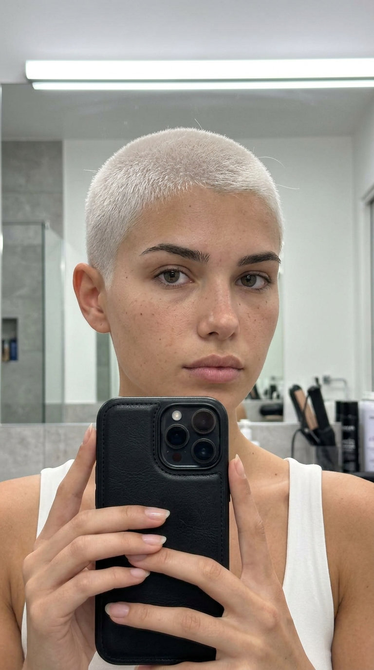 very short icy platinum buzz cut with a subtle shadow root and defined edges for edgy occasions