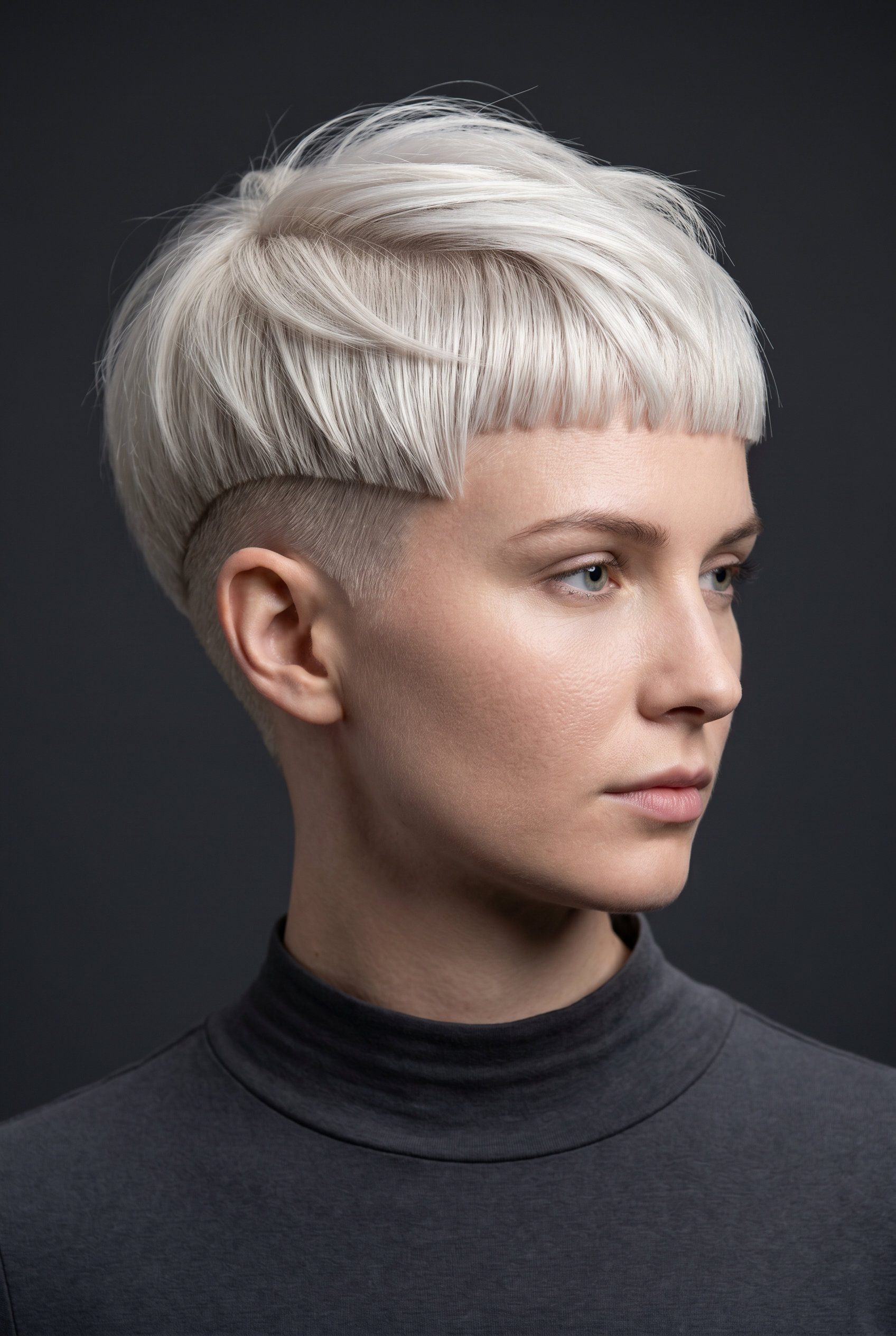 very short pixie haircut in icy platinum, blunt geometric shape — high-fashion edgy event