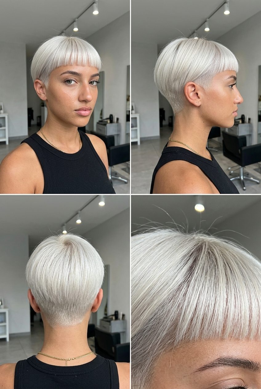 Platinum Micro-Fringe Pixie Haircut 2026 very short pixie haircut with icy platinum blonde, cool ash root, blunt micro-fringe — bold, striking, edgy