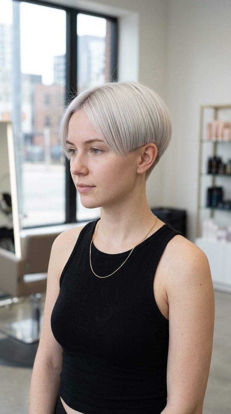 Platinum Gamine Pixie Haircut 2026 very short razored pixie haircut with icy platinum, shadow root, blunt perimeter — edgy sophisticated date night