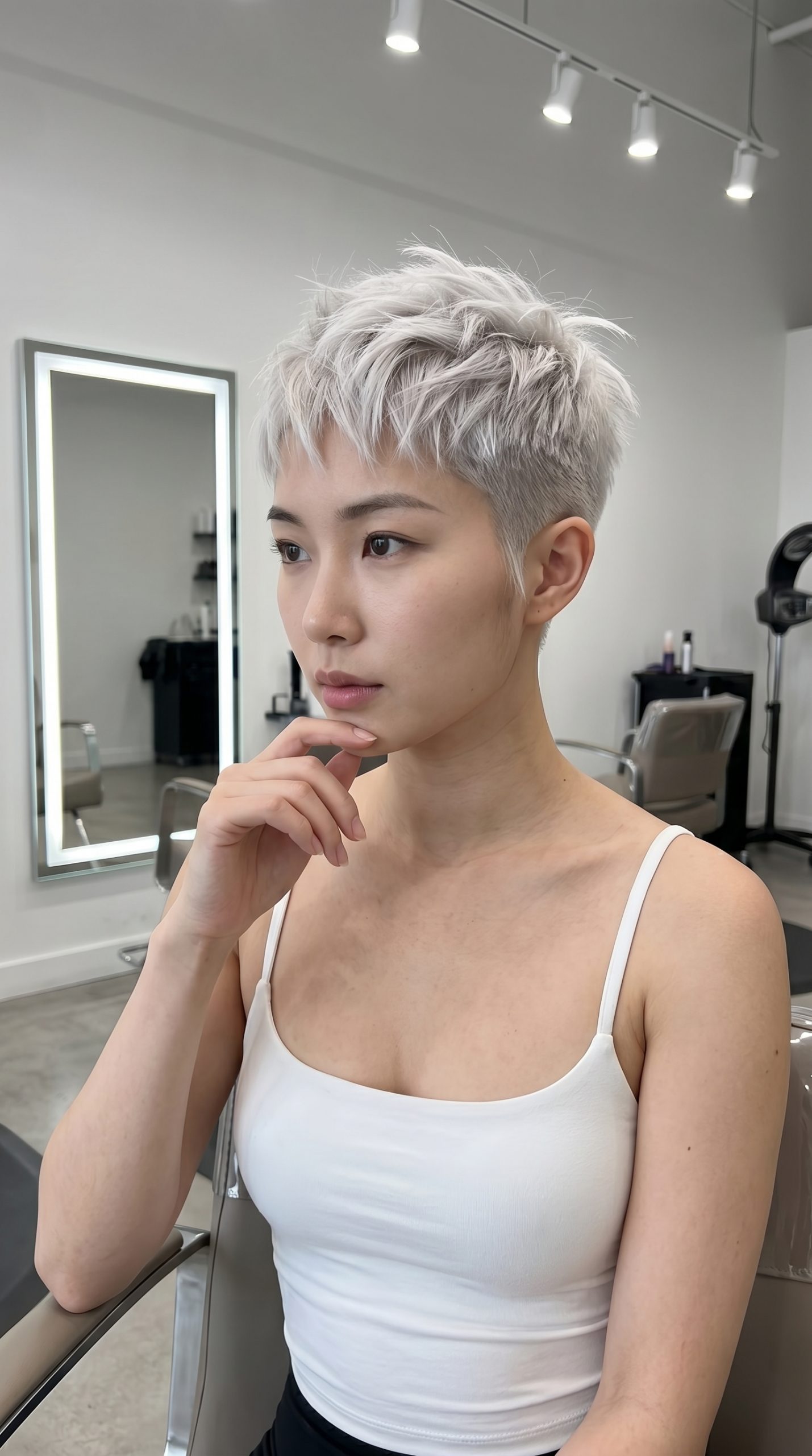 very short pixie haircut with icy platinum blonde, razored layers, tight taper for festivals