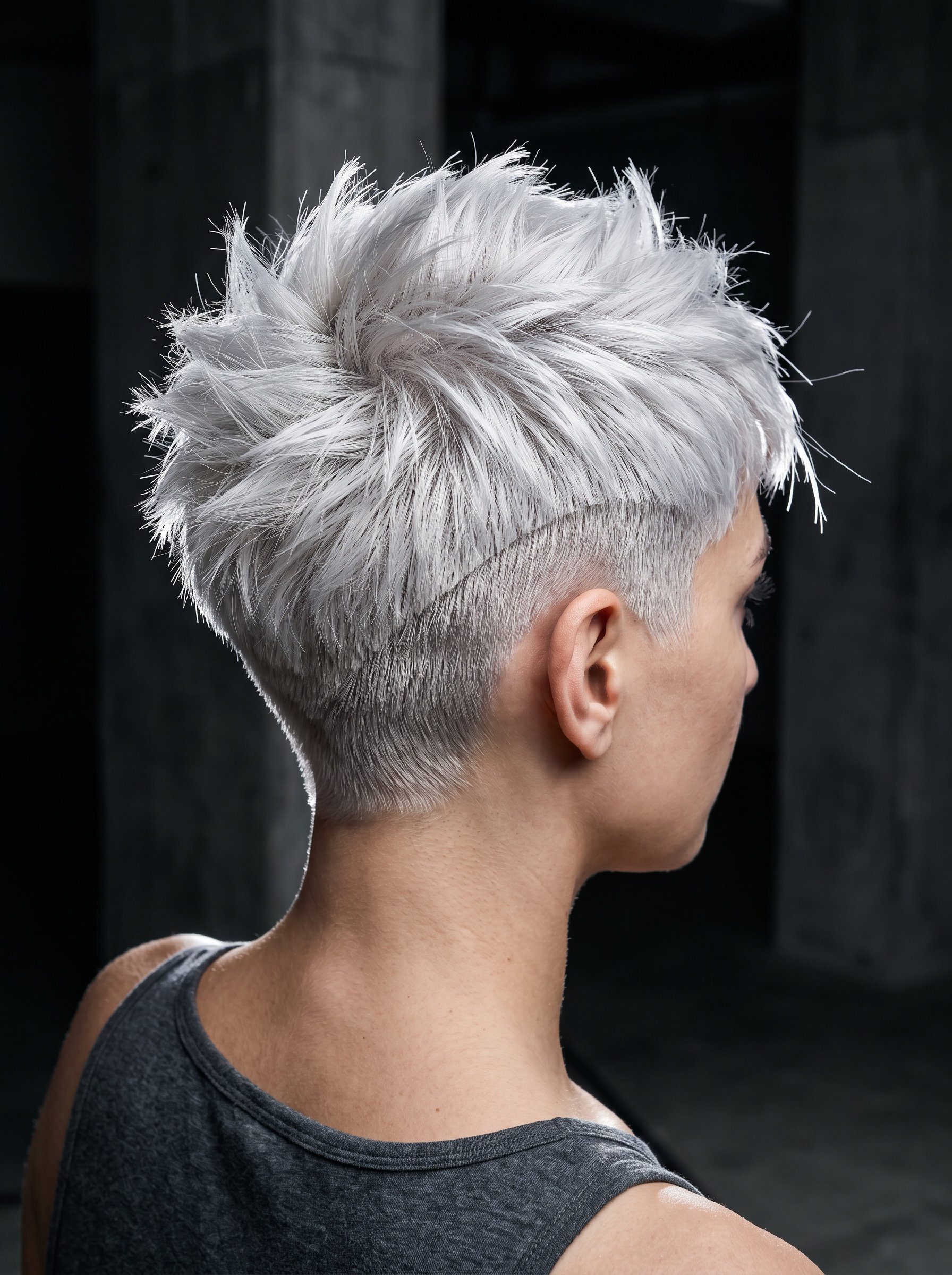 very short pixie haircut with icy platinum, razored spikes and undercut for edgy style
