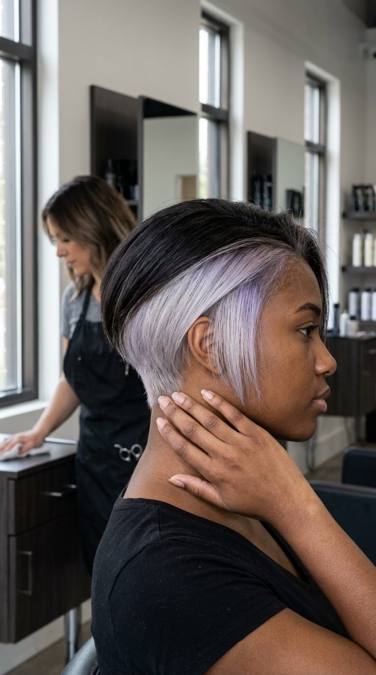 very short platinum pixie undercut with icy platinum blonde, sculpted taper, and dark roots for summer 2026