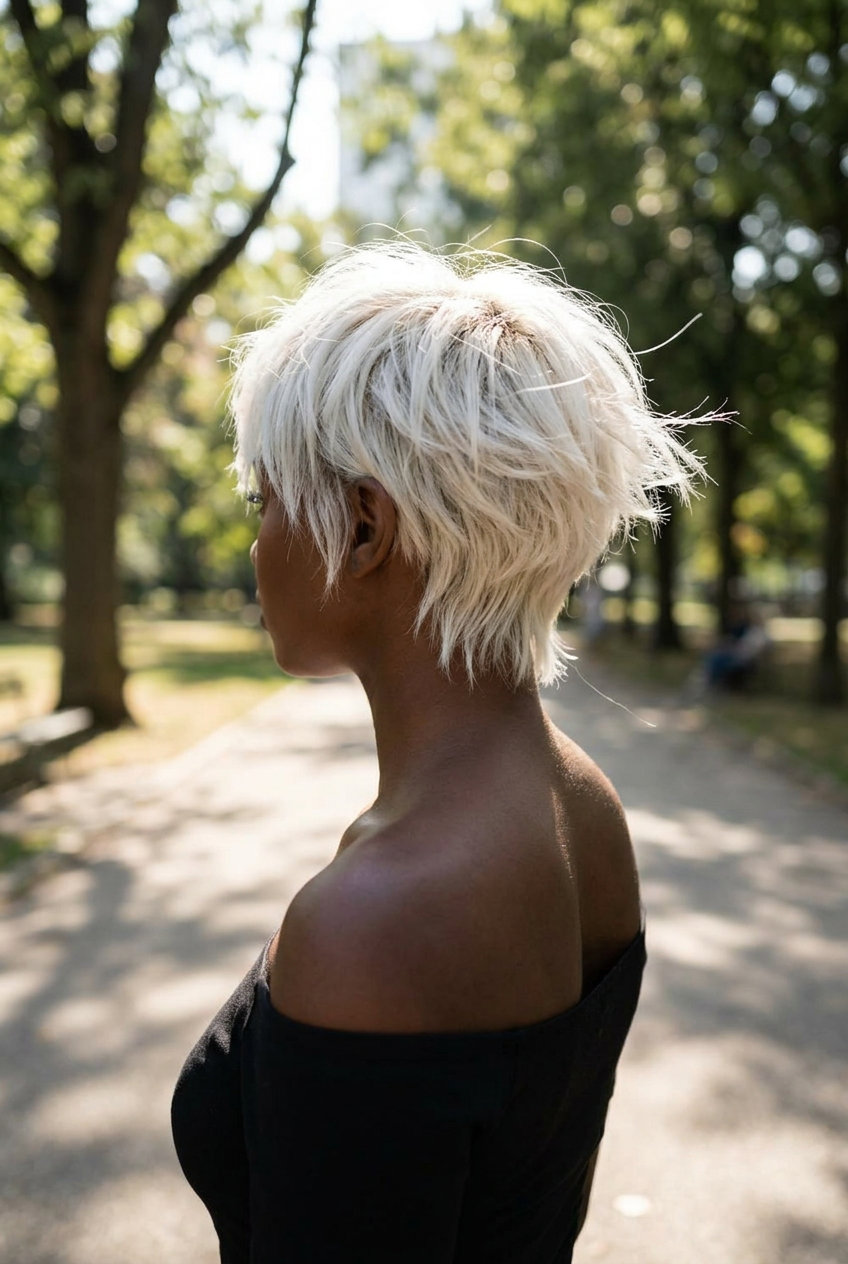 very short wolf cut in icy platinum blonde, razored layers, short piecey bangs — rebellious festival