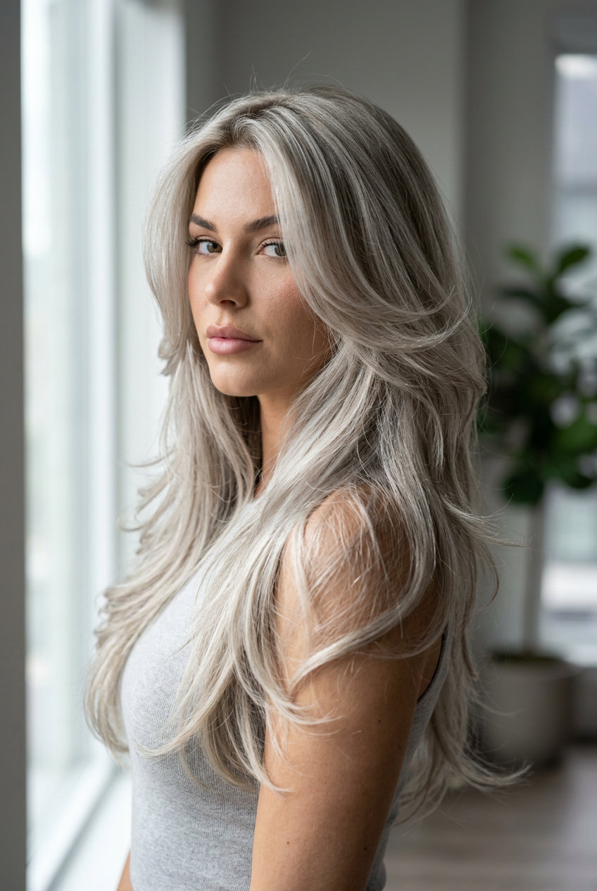 medium layered butterfly haircut in icy silver blonde with platinum grey, XXL layers, no fringe — glamorous