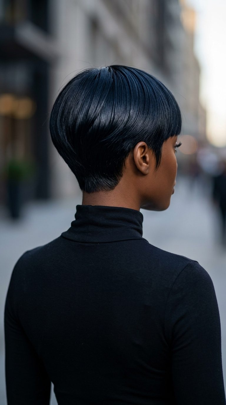 Ink Black Glossy Pixie Haircut 2026 very short blunt pixie haircut with ink black, blue undertones, blunt fringe — sophisticated chic gala