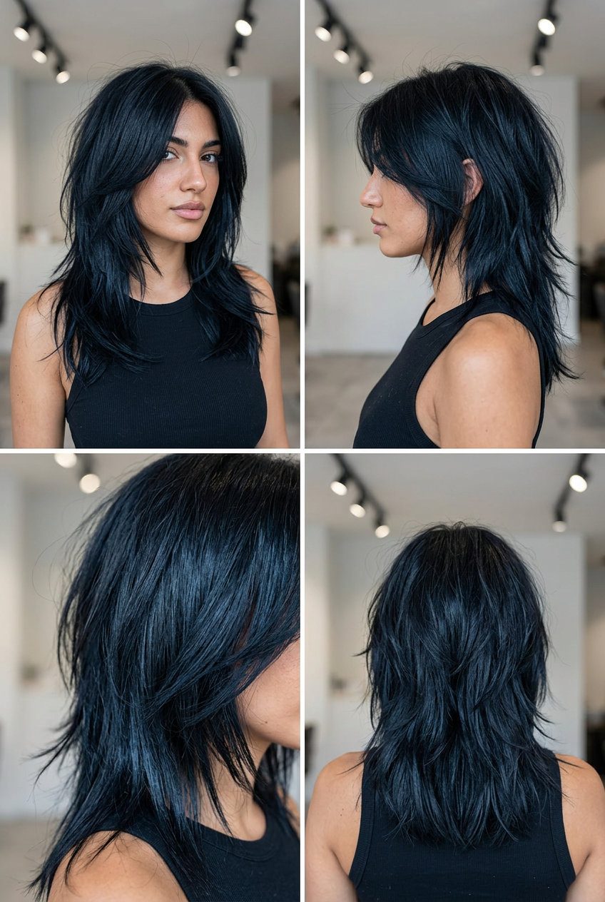medium-length shag wolf cut in jet black, blue-black undertones, heavy choppy layers — edgy gothic