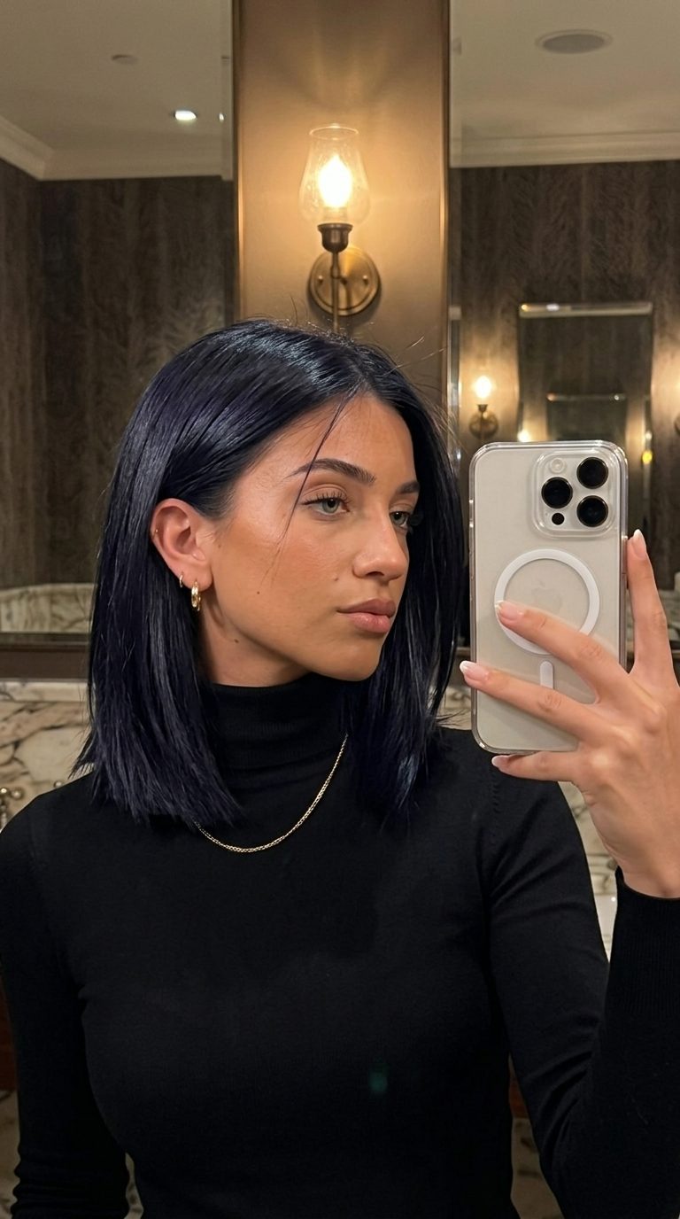 Edgy Jet Black Lob 2026: Sharp & Dramatic medium razor lob haircut in opaque jet black with blue-black undertones, shattered ends, deep side part — edgy night out