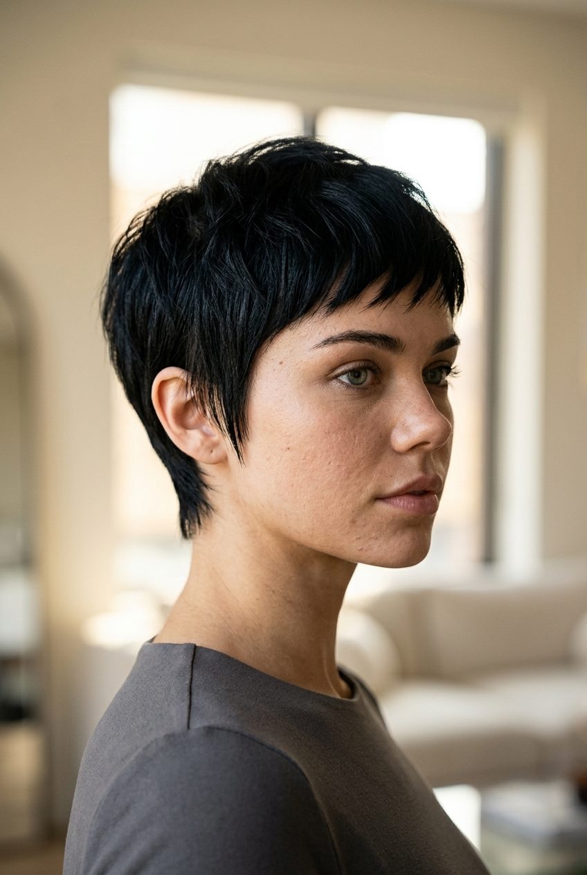 Midnight Razor Pixie Haircut 2026 very short pixie haircut with jet black, high-gloss finish, razored texture — bold, edgy, graphic