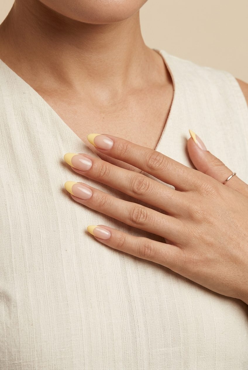 Butter yellow crescent nails for june manicure ideas - summer trends 2026. Romantic for garden parties & weddings.