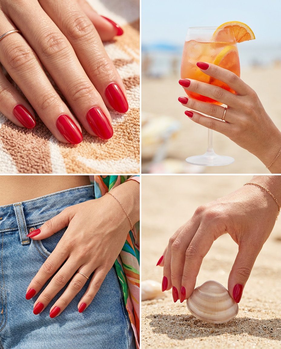 Vibrant cherry red jelly manicure, perfect for summer vacation trends 2026. Juicy, playful, and fresh.