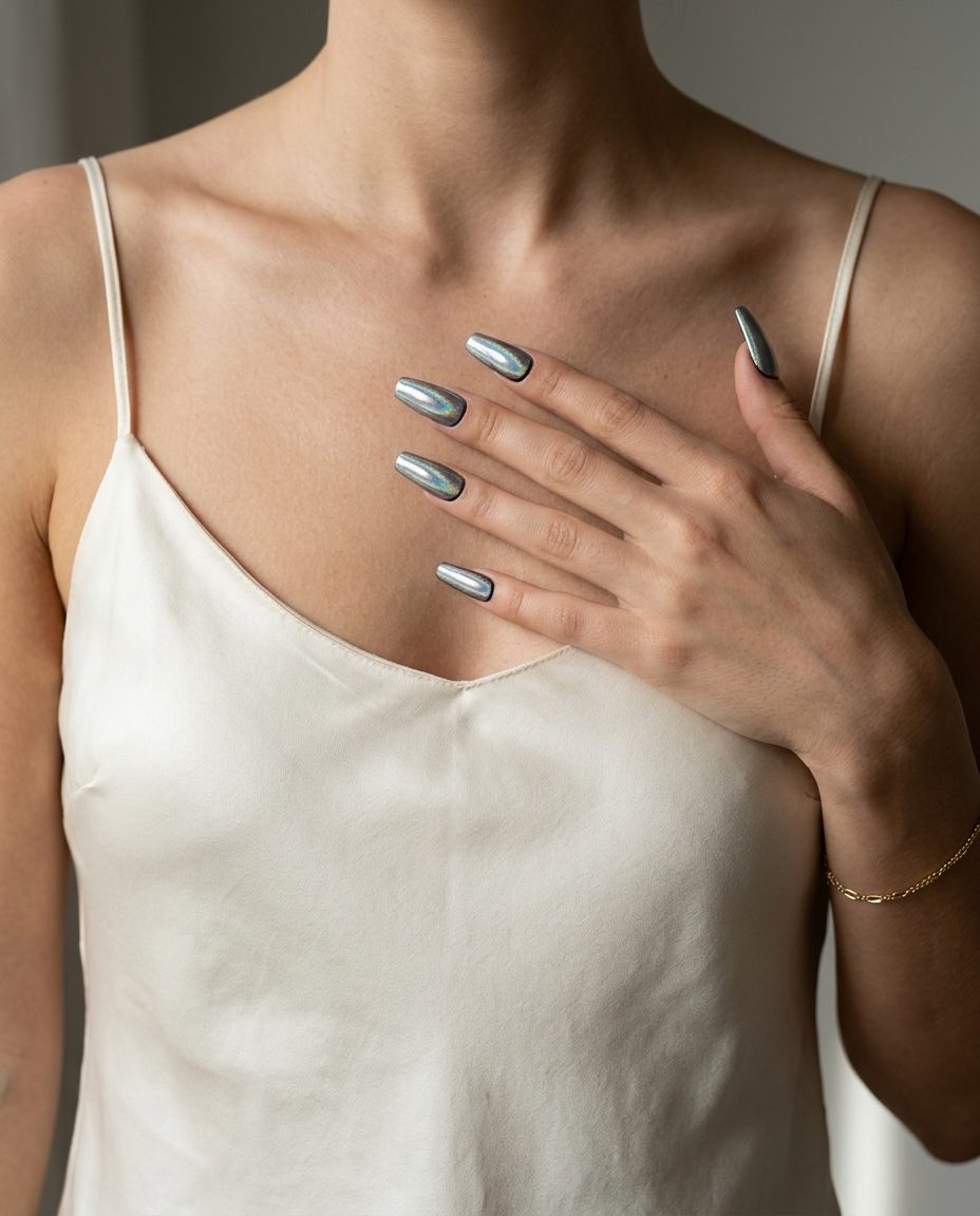 Futuristic cosmic chrome silver manicure, a bold summer trend for 2026. Great for festivals.