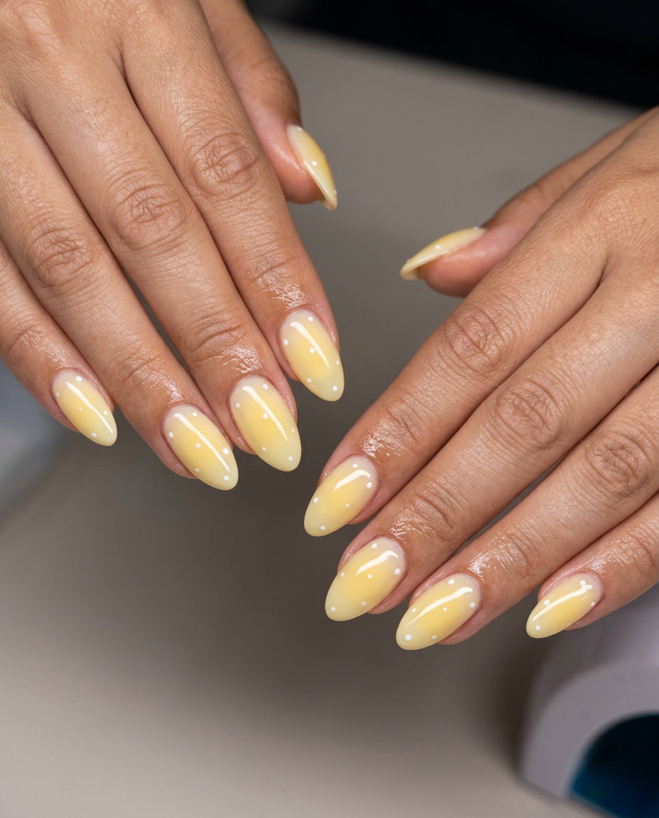 Whimsical dotted butter aura manicure, a cheerful summer trend for 2026. Great for brunches.