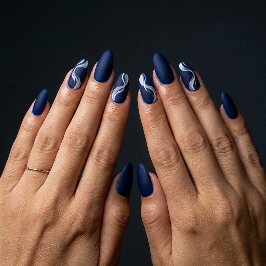 Midnight velvet swirls nails for june manicure ideas - summer trends 2026. Elegant for date nights & evening outs.