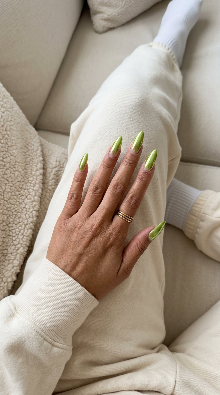 Edgy lime green chrome lines manicure, a bold summer trend for 2026. Perfect for nights out.