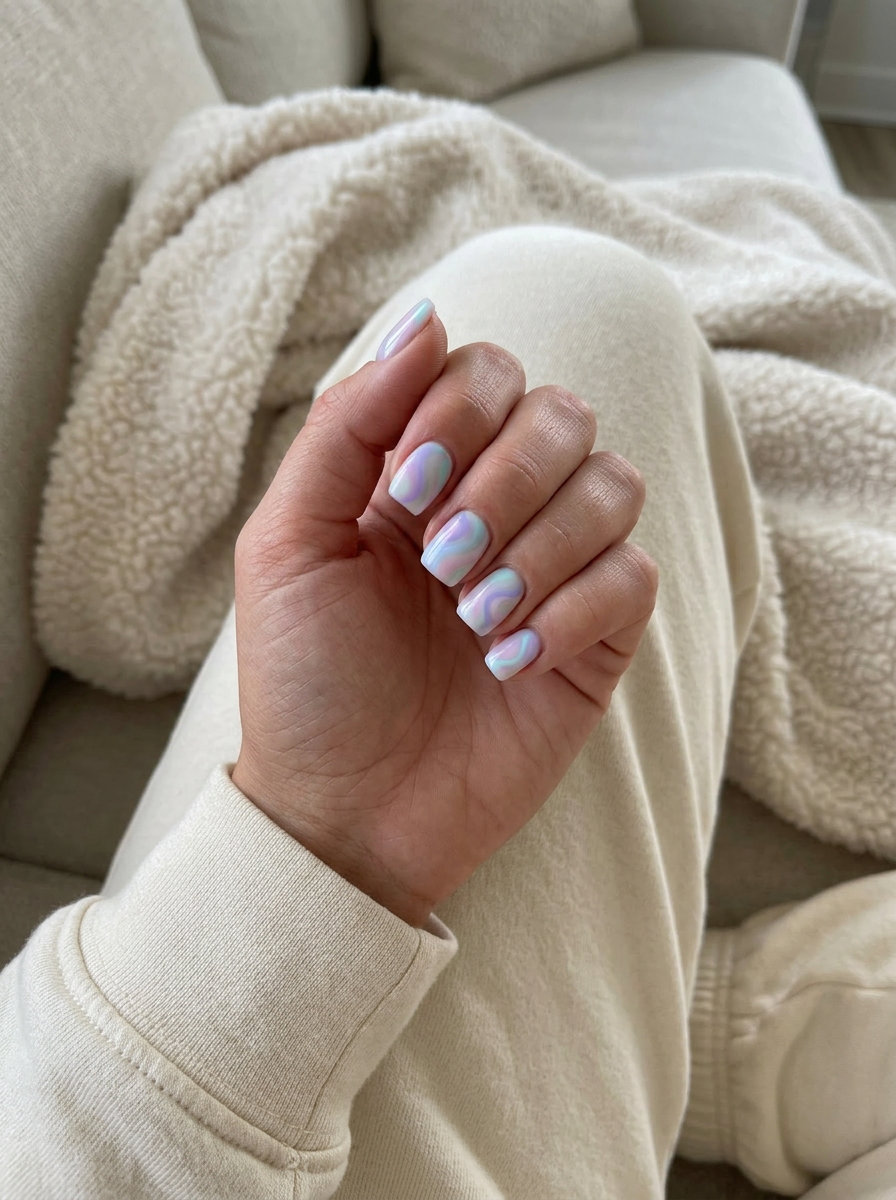 Dreamy pastel swirl manicure, a whimsical summer trend for 2026. Great for festivals.