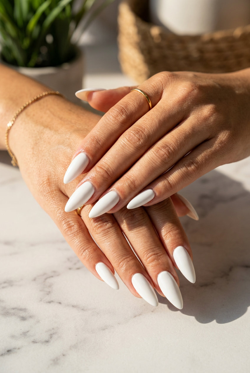 Pure White Stiletto nails for june manicure ideas - summer trends 2026. Glamorous and chic.