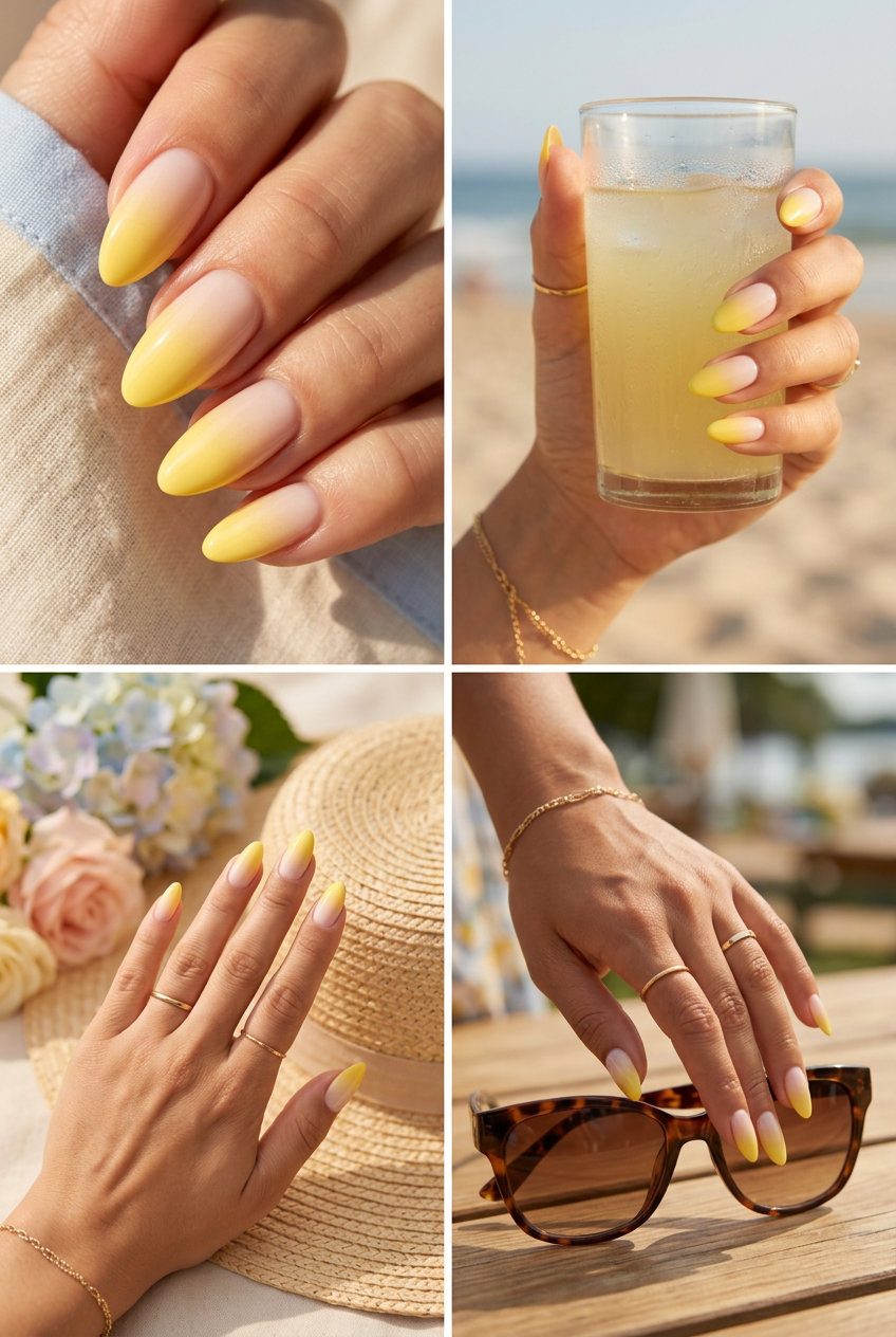 Sunny Ombre Gradient nails for june manicure ideas - summer trends 2026. Romantic yellow and nude.