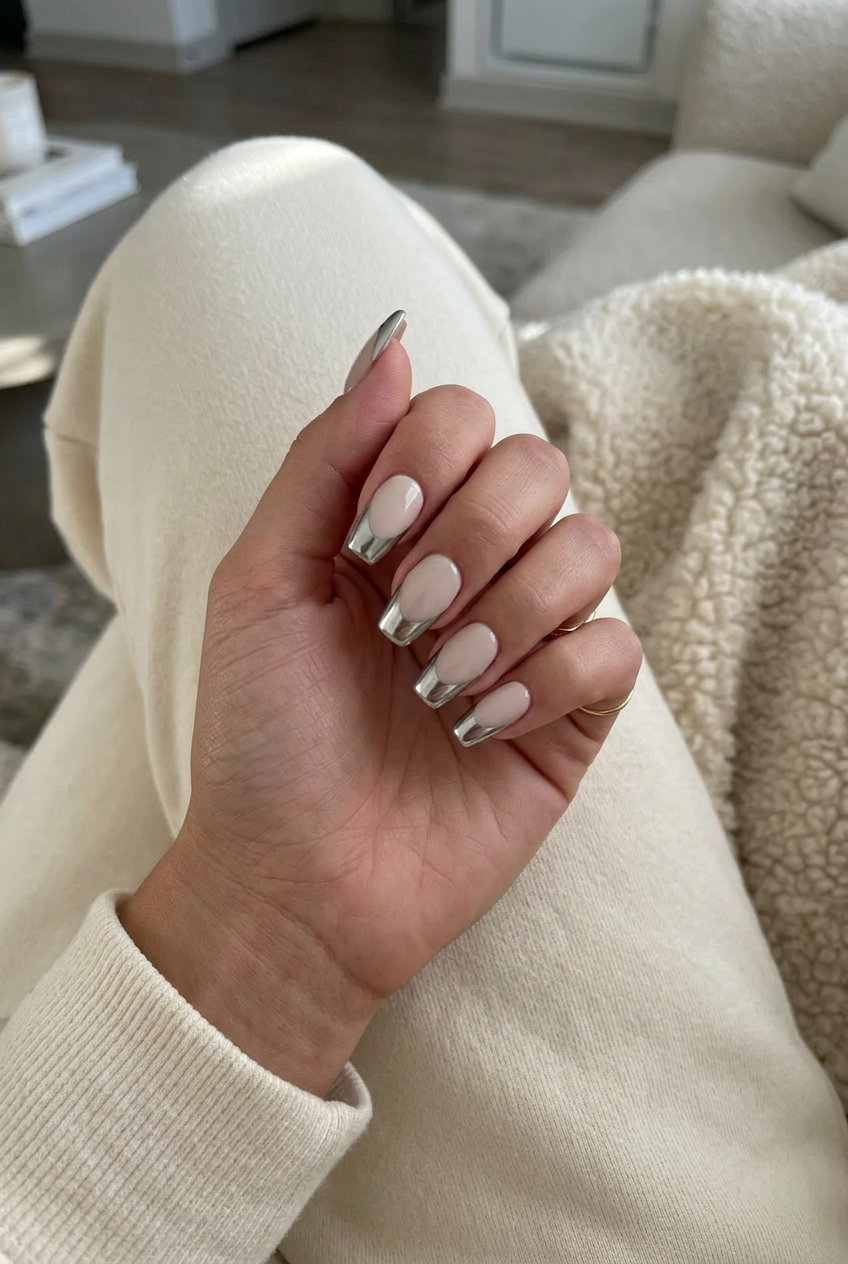 Futuristic silver chrome reverse French tip nails for parties and fashion events, summer 2026.