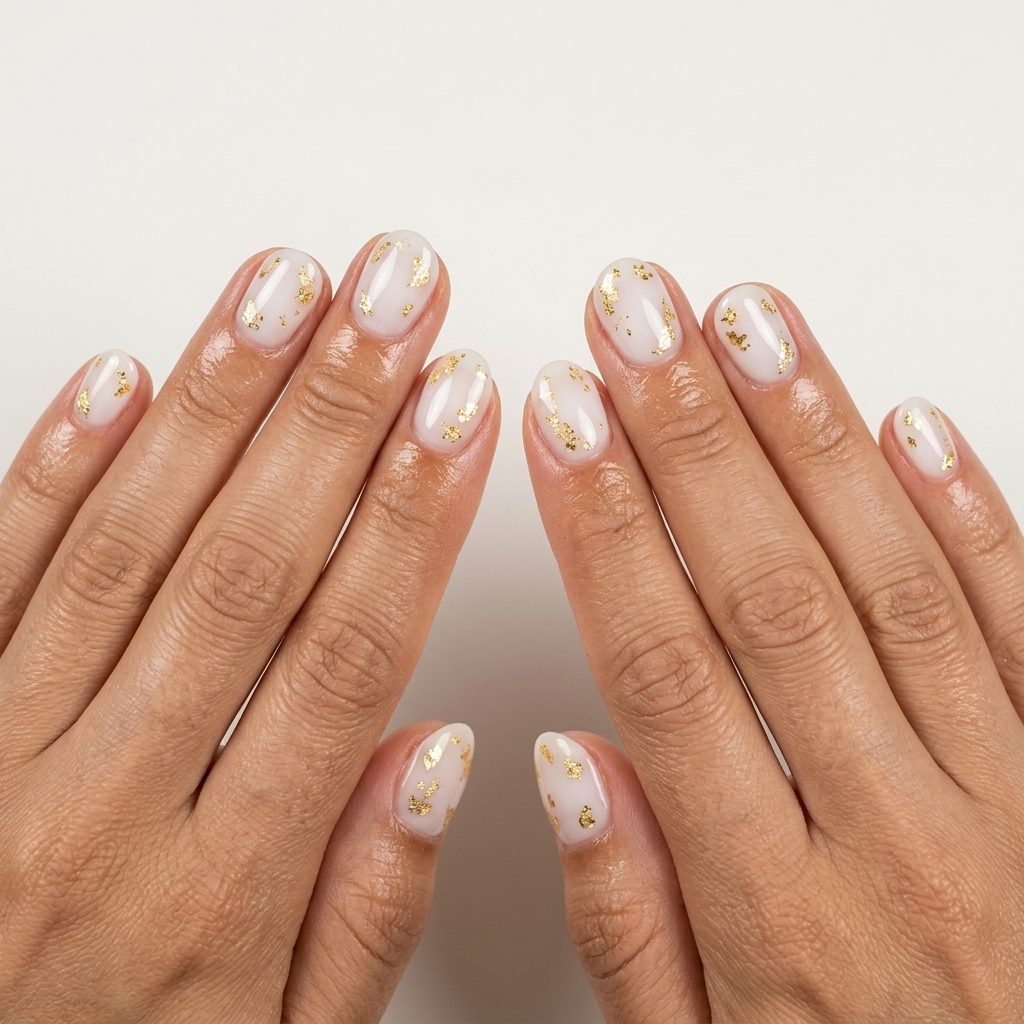 Milky white with gold leaf short squoval nails for june nails ideas - summer 2026. Sophisticated, clean, elegant bridal shower style.