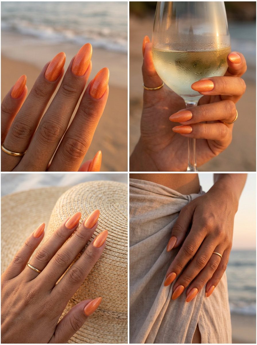 Romantic golden hour peach shimmer nails for vacation and evenings, summer 2026.