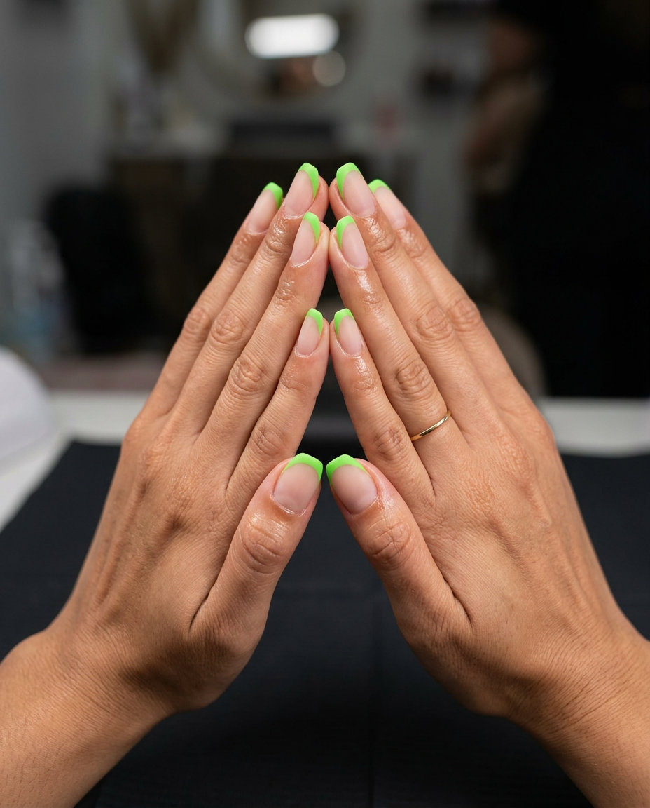 Lime green negative space French natural nails for june nails ideas - summer 2026. Edgy, modern, bold festival style.