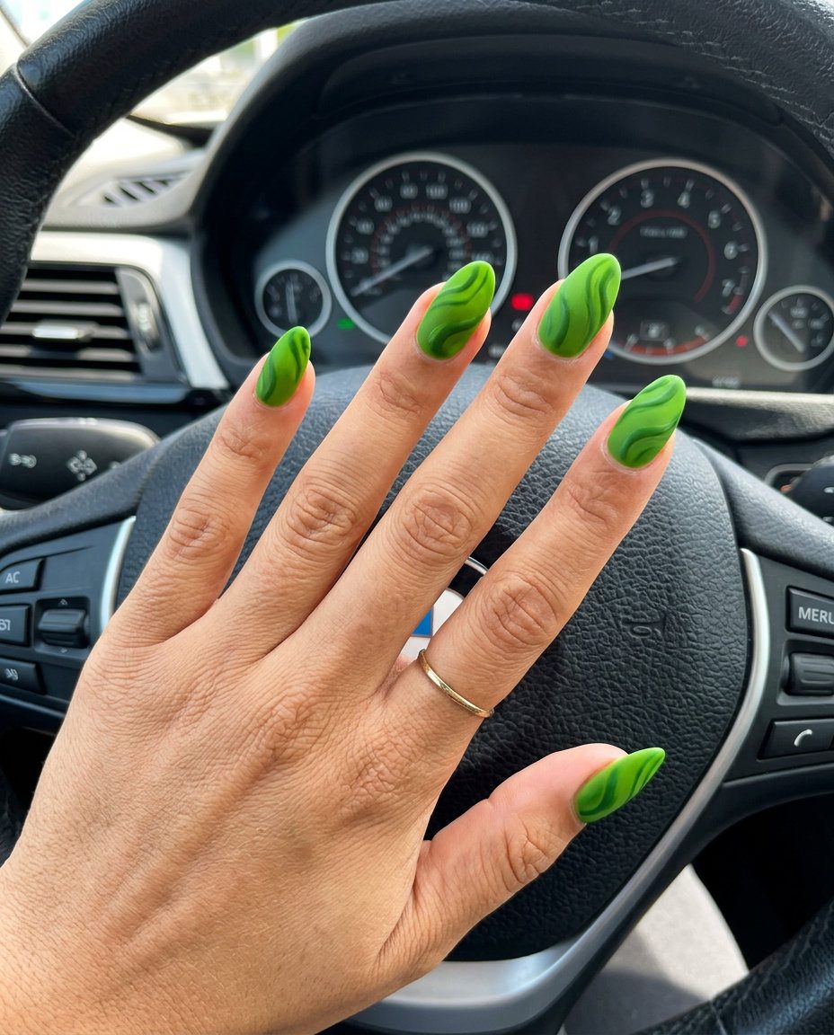 June nails ideas - summer 2026: Edgy lime green velvet matte swirls on coffin nails for festivals.