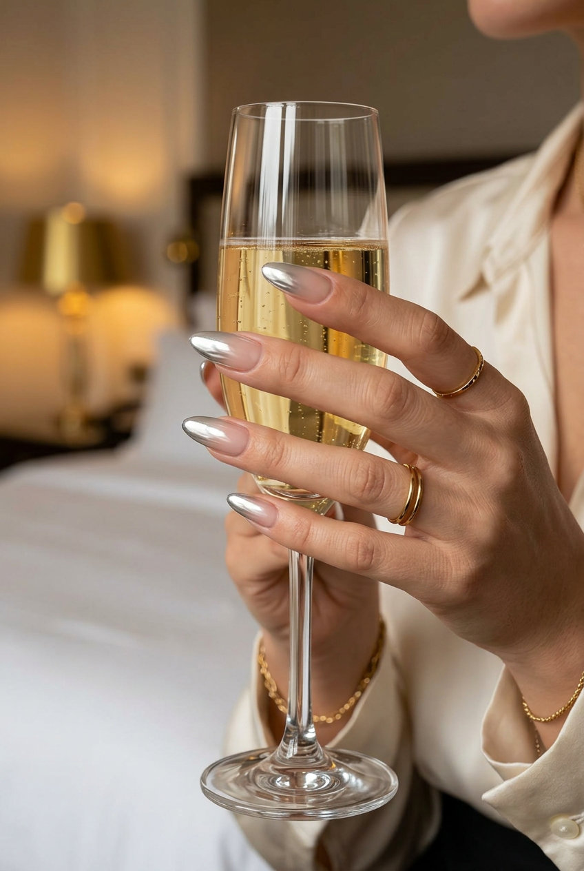 Liquid silver ombre almond nails with nude base for june nails ideas - summer 2026. Futuristic, luxurious, glamorous party style.