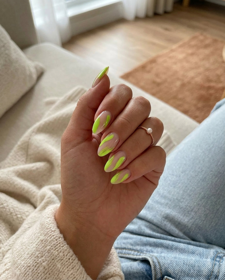 Artistic neon lime green brushstroke nails for festivals and creative events, summer 2026.
