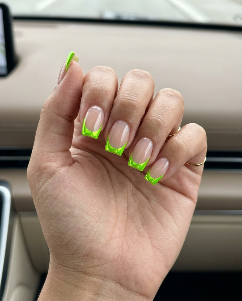 Edgy neon lime green chrome French tips for festival style, summer 2026.