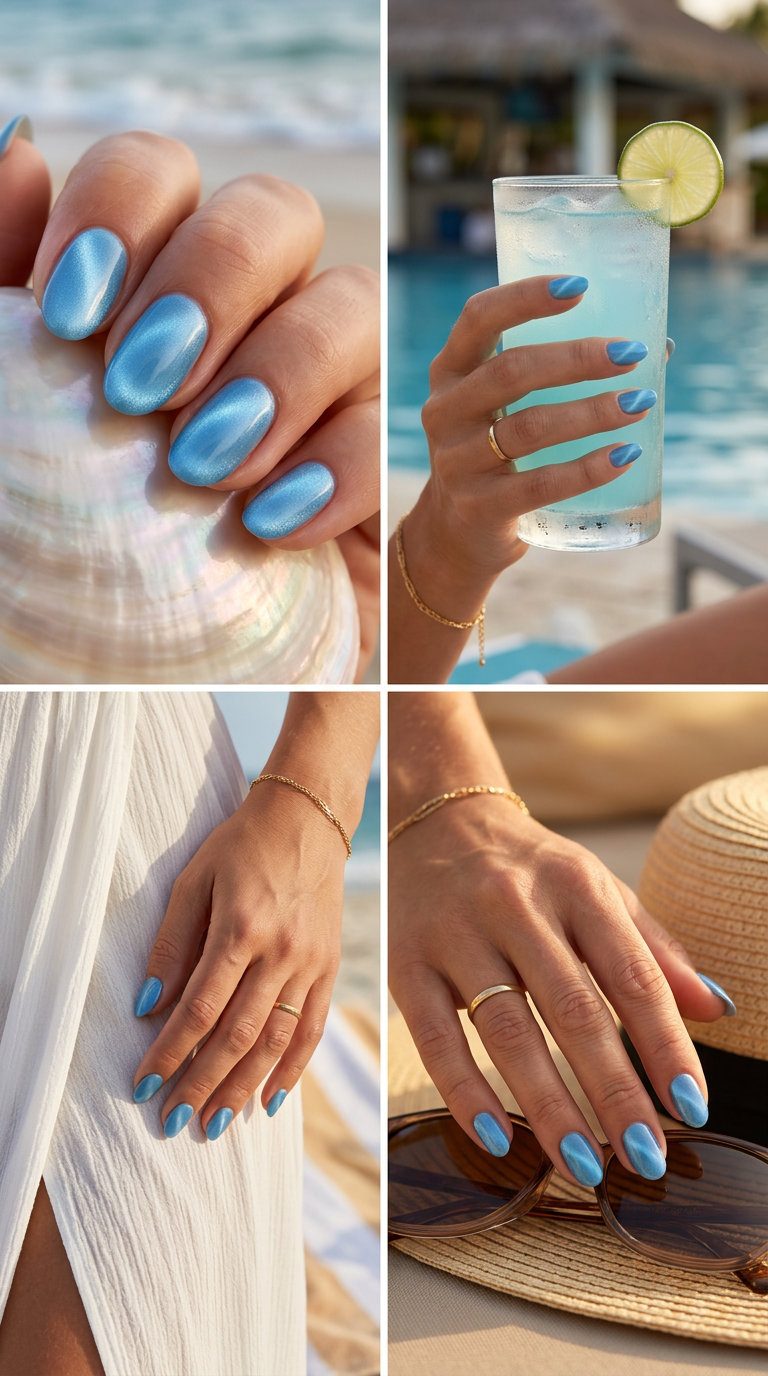 Sultry ocean cat-eye blue nails for vacation and nights out, summer 2026.