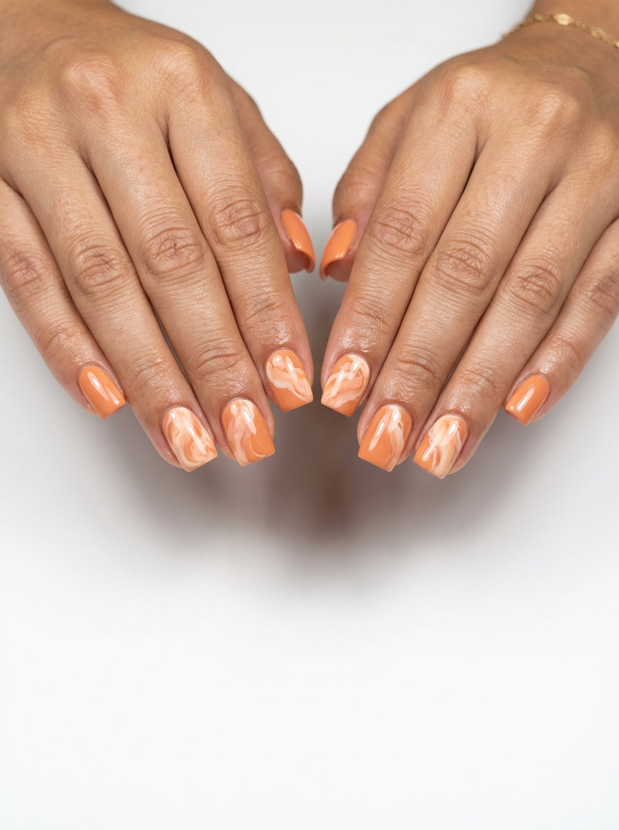 Chic peach and cream marble swirl nails for daily wear and brunch, summer 2026.