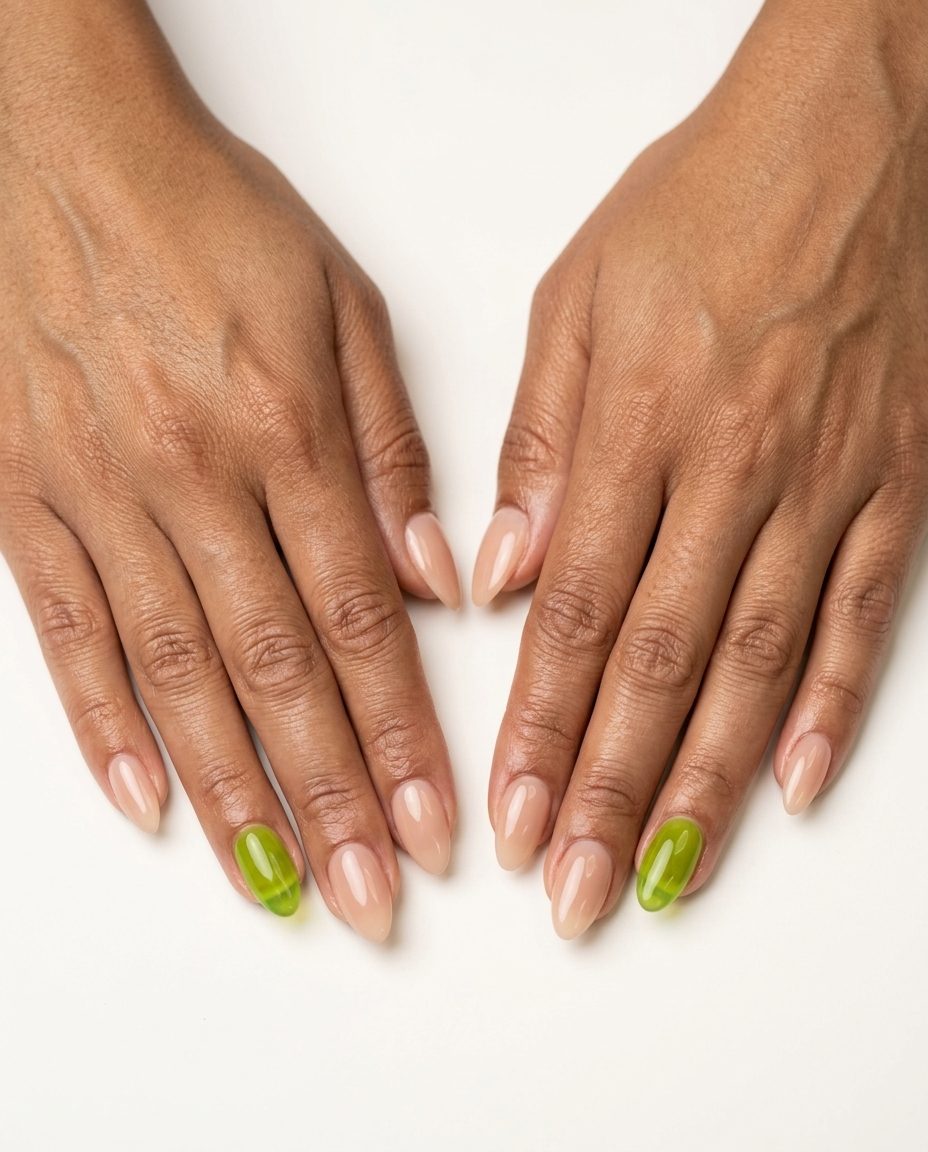 Sheer nude with lime green jelly accent nail for june nails ideas - summer 2026. Playful, edgy, bold casual style.