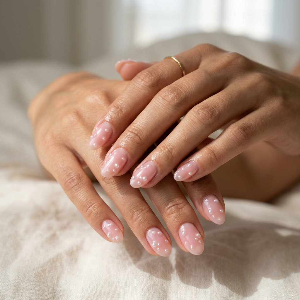 Sheer pink pearl dots short square nails for june nails ideas - summer 2026. Romantic, understated, elegant wedding guest style.