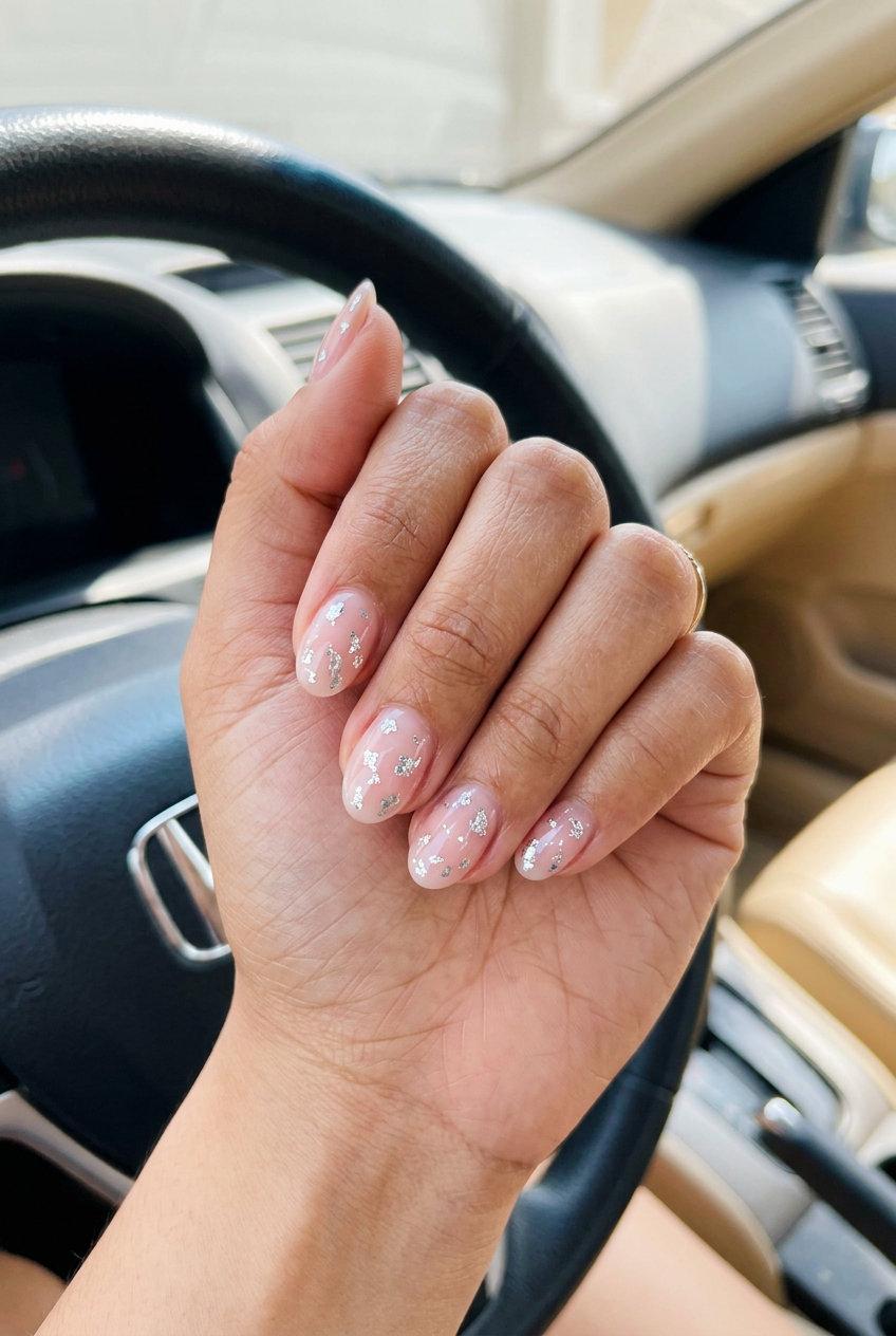June nails ideas - summer 2026: Sophisticated silver foil flake accents on medium oval nails for brunch.