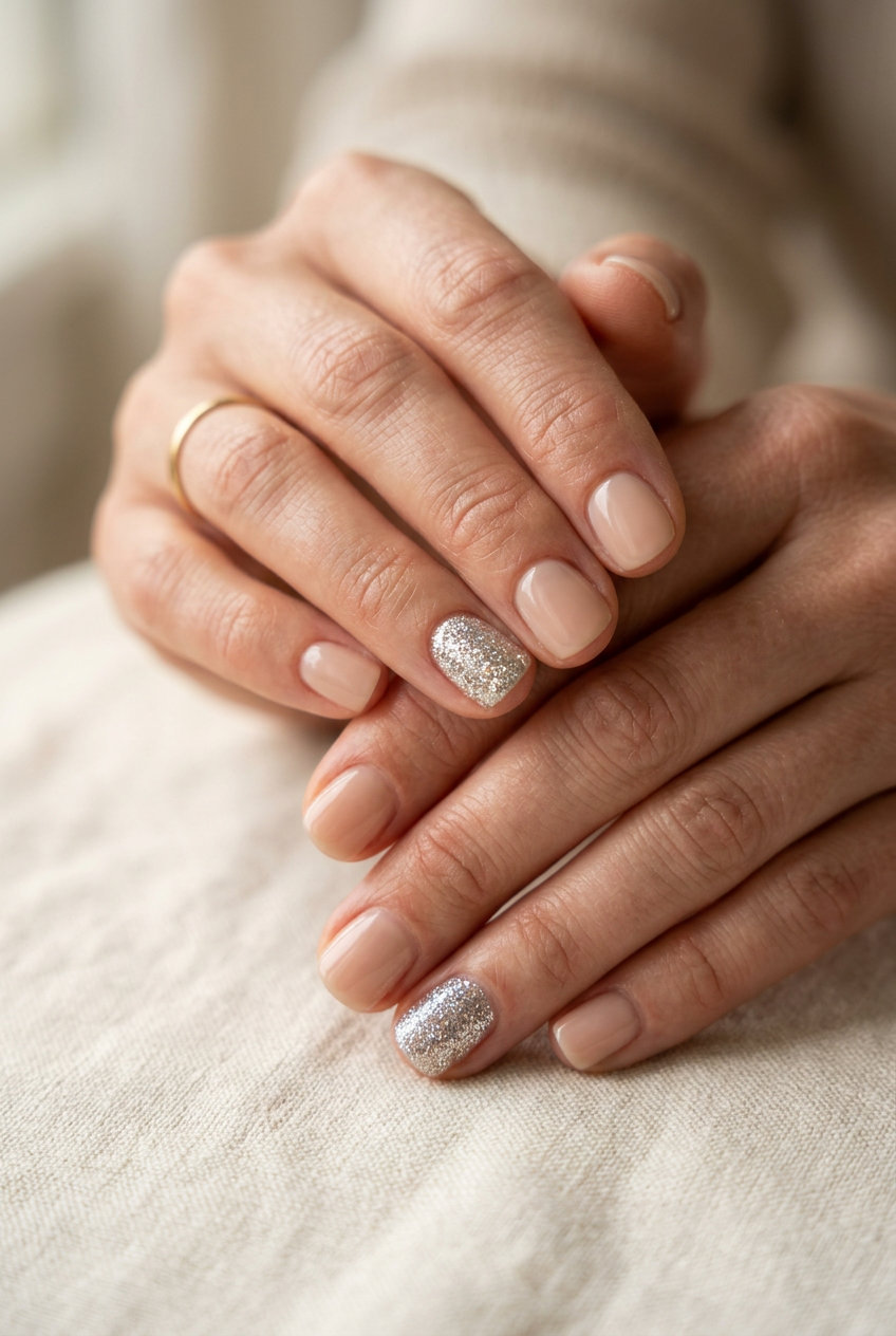 Glamorous silver glitter accent nails for date night, perfect for summer 2026.
