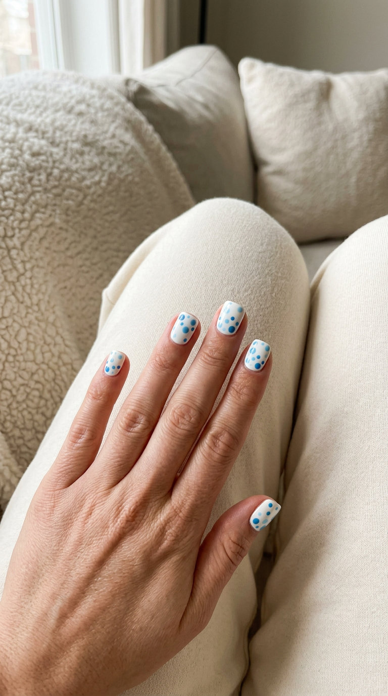 June nails ideas - summer 2026: Playful sky blue polka dot short square gel nails for casual beach days.